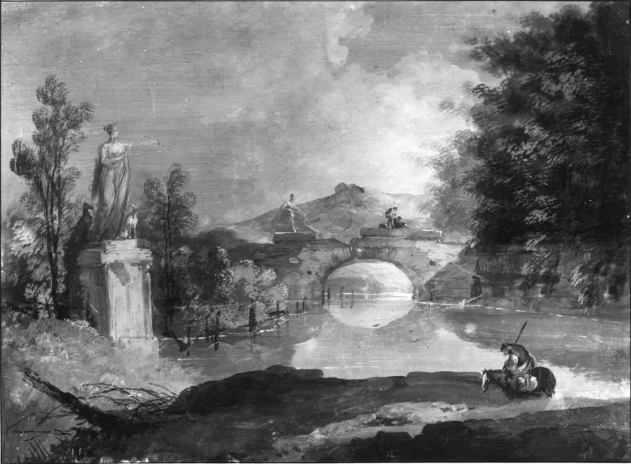Paesaggio fluviale con ponte e statue